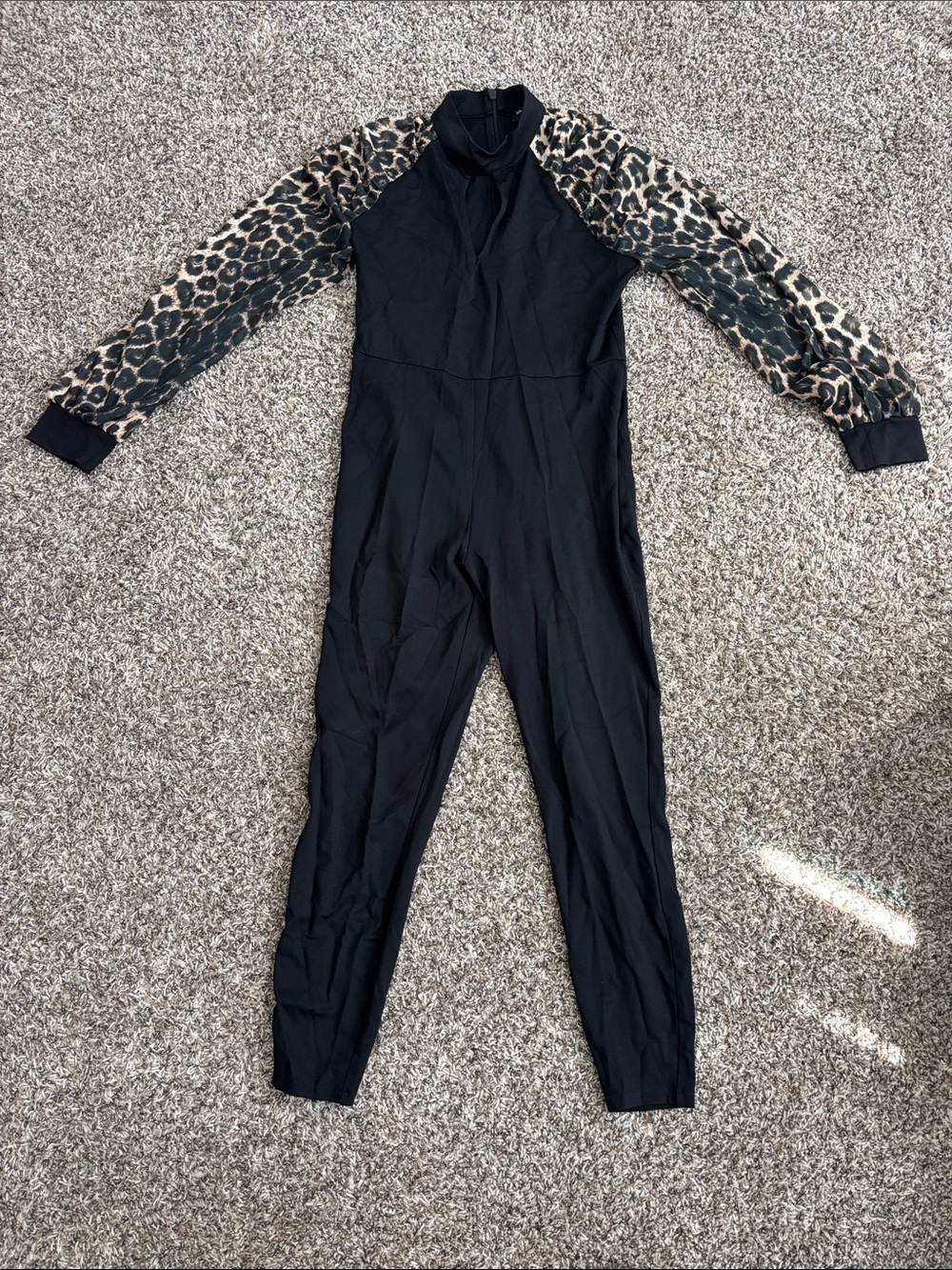 bebe Black One-Piece Bodysuit with Leopard Print Sleeves